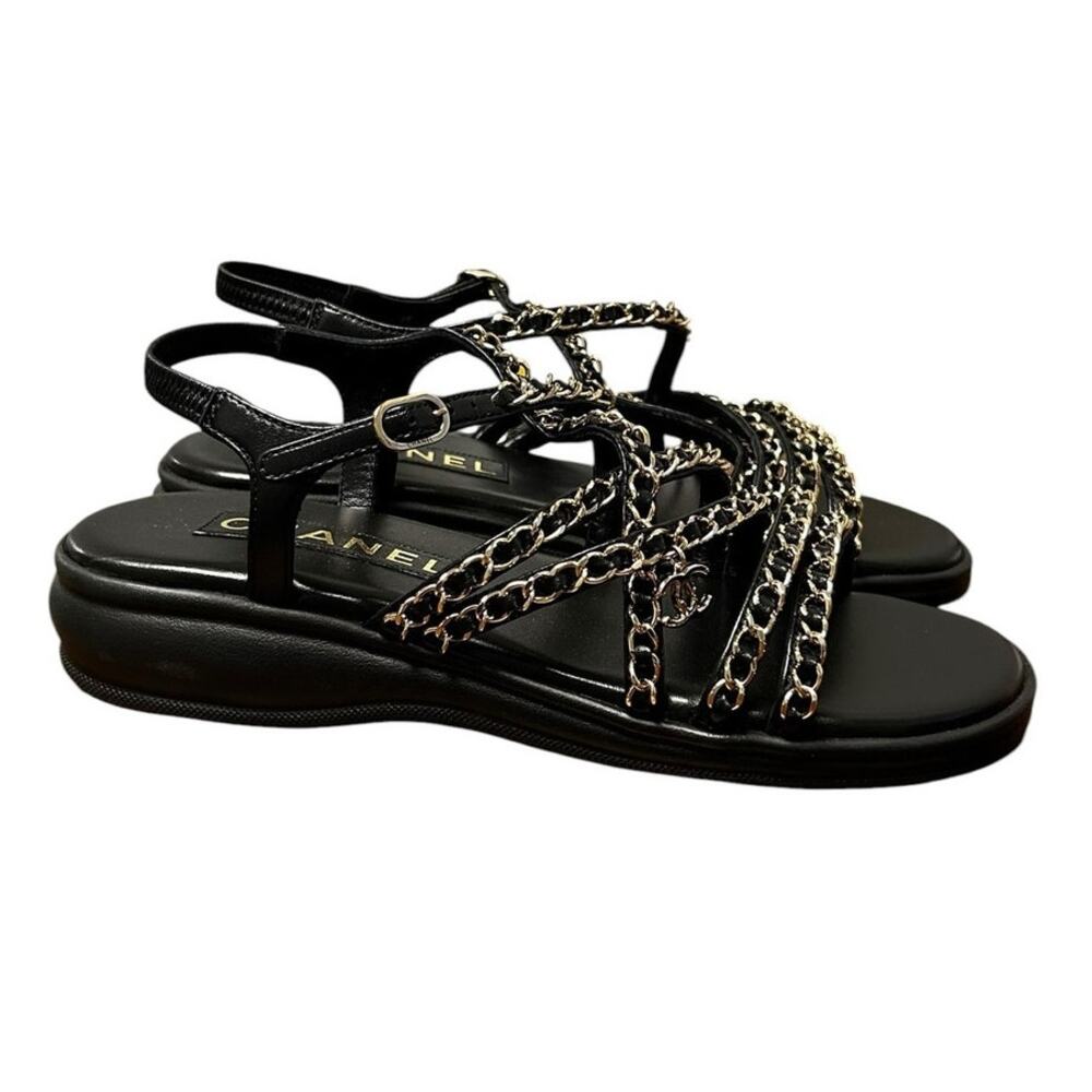 Chanel Black Gold Lambskin Leather Chain Slingback Sandals Womens 39 / US 9